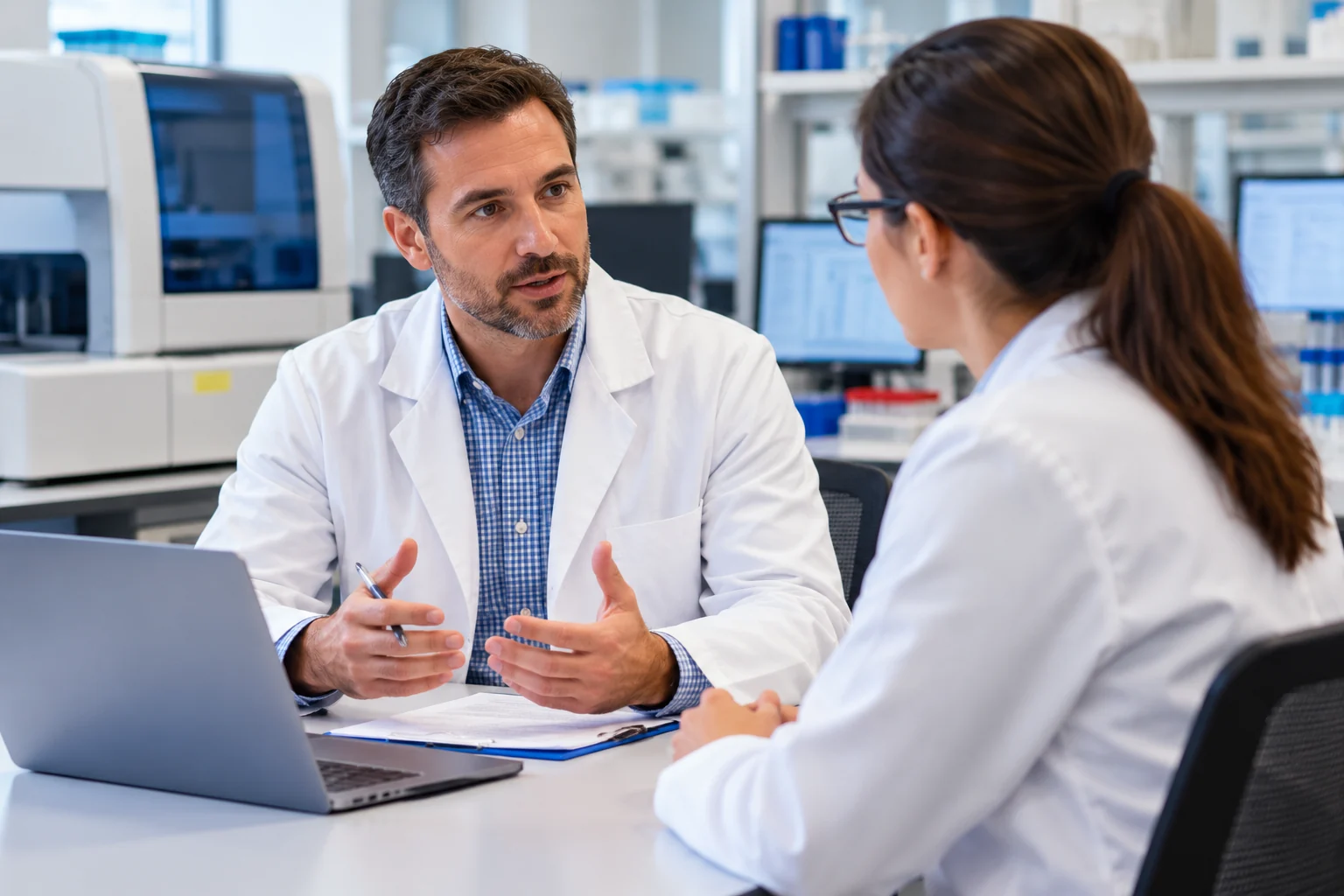 Laboratory director interviewing a scientist